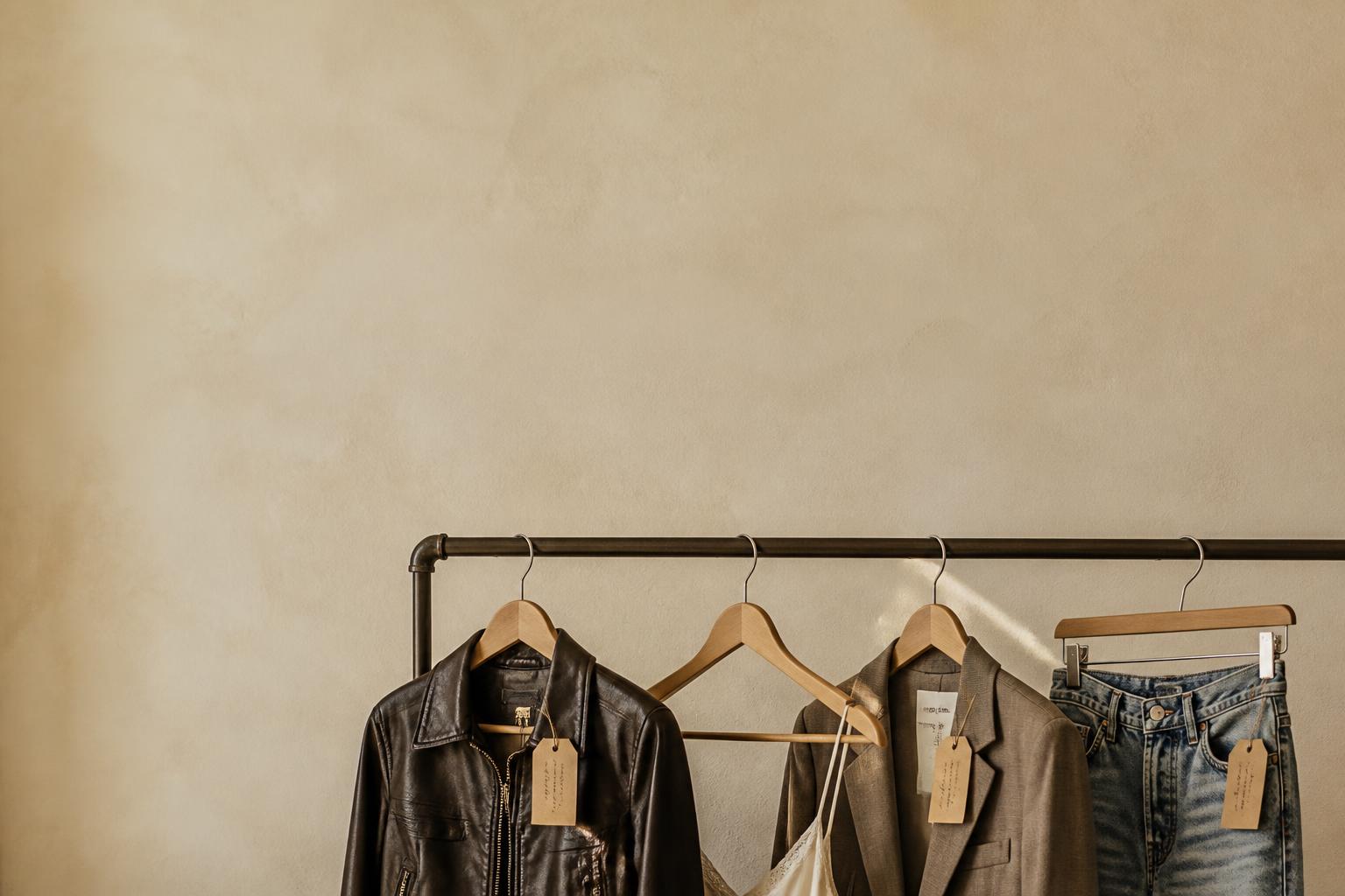 Curated garment rack with a leather jacket, silk slip dress, tailored blazer and vintage jeans, each with a handwritten paper tag — an editorial closet sale rail