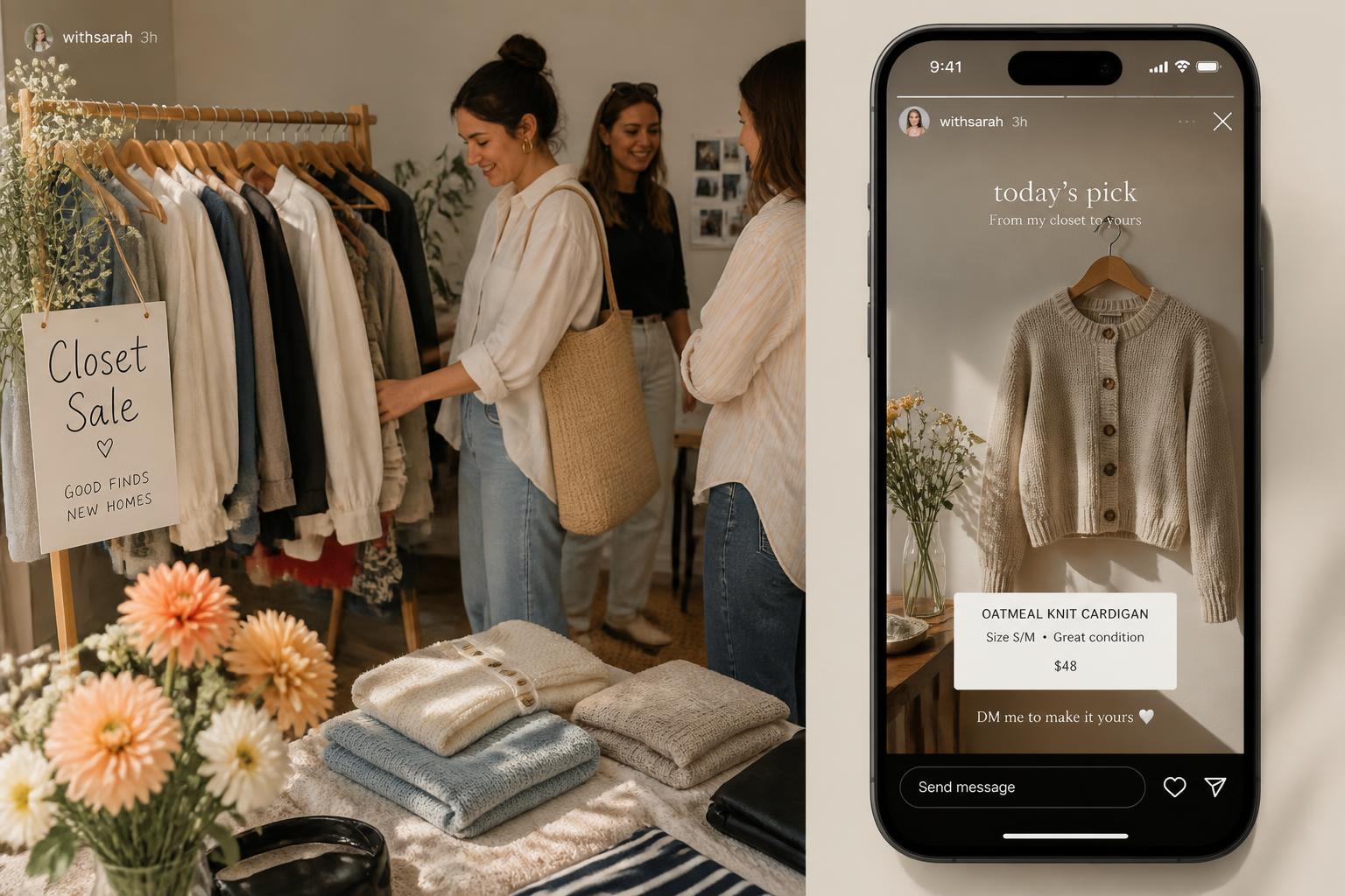 Split scene: friends browsing a closet sale clothing rack in real life next to a phone showing a creator's story sale