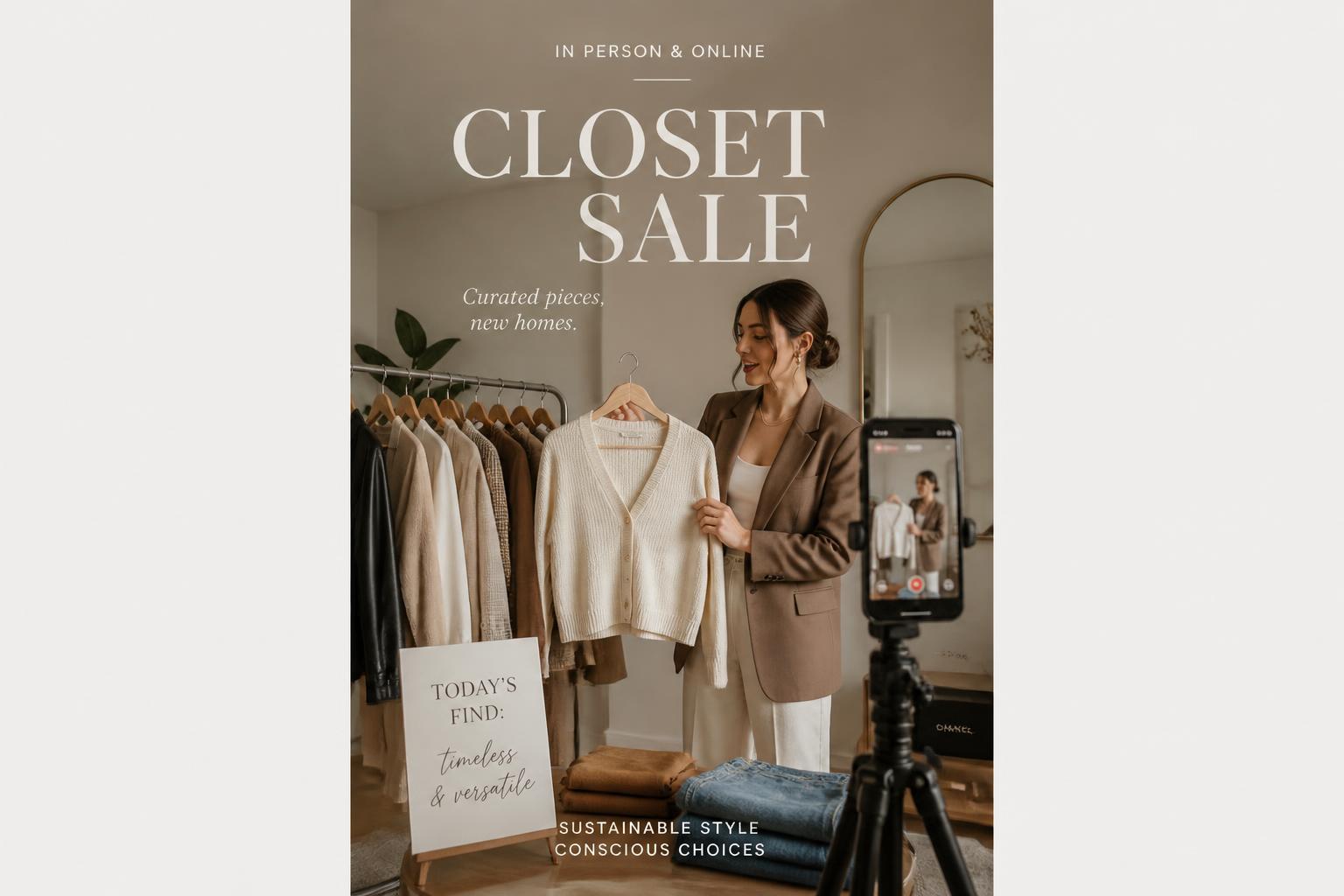 Creator hosting a curated closet sale with a rack of clothes and a phone capturing a piece