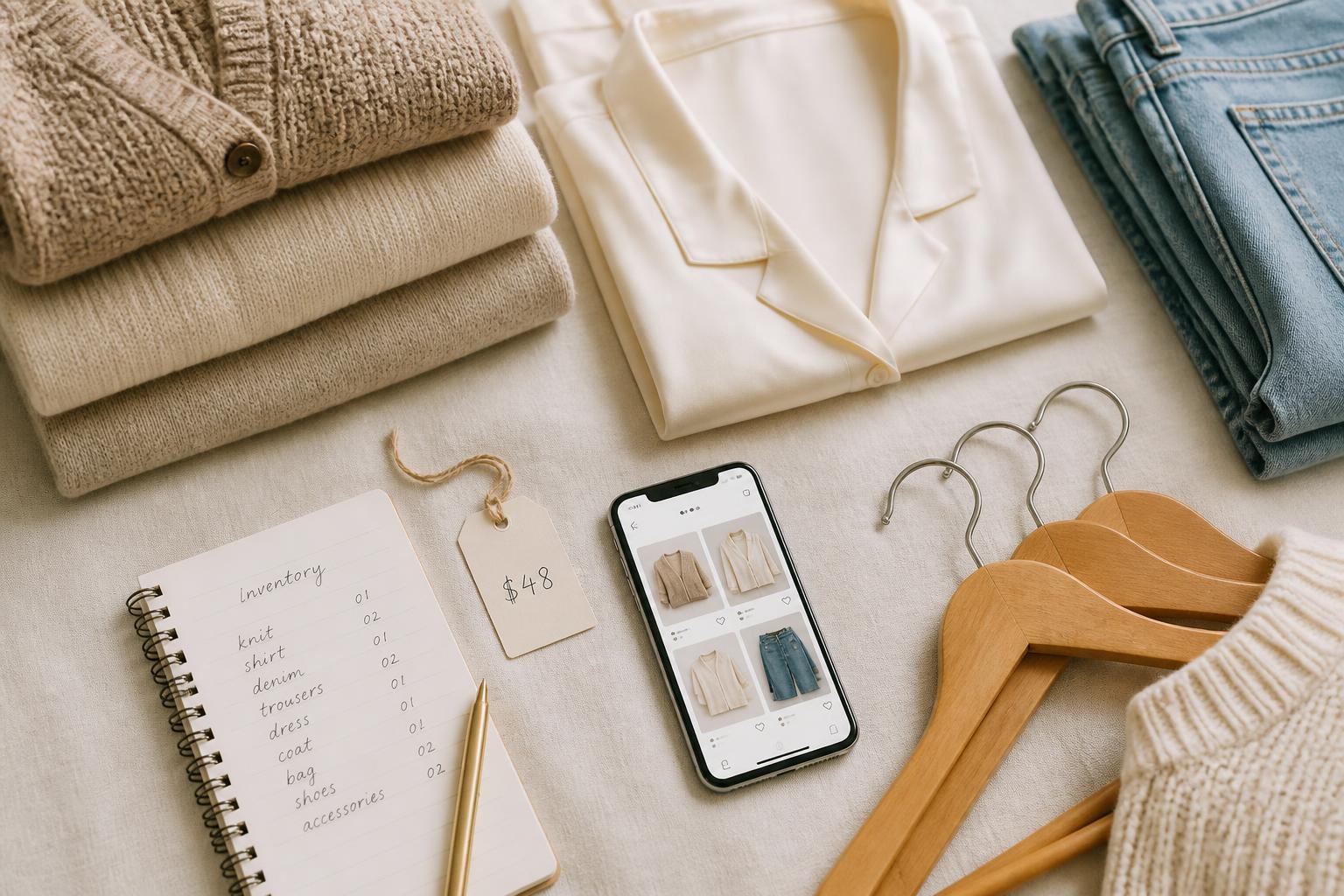Folded knits, a silk blouse, denim, wooden hangers, a handwritten inventory list and a phone showing a clean product listing — a wardrobe sale being organized
