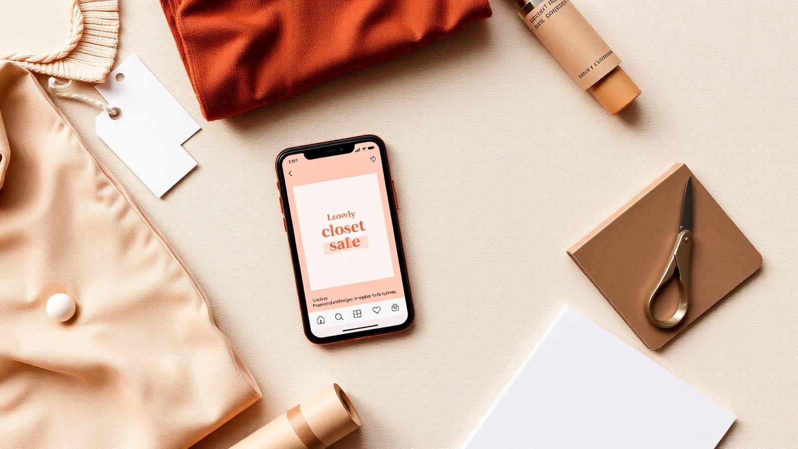 Flat-lay with a phone showing an Instagram closet sale Story slide, folded preloved clothes, kraft paper and a price tag
