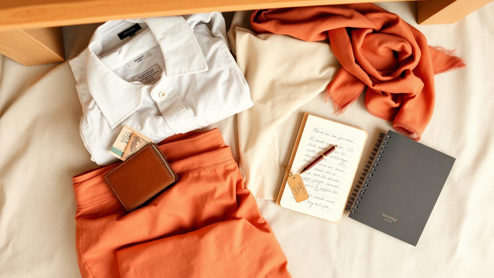 Overhead flat-lay of a curated closet with vintage and designer pieces, a small wallet with banknotes and a notebook of resale prices