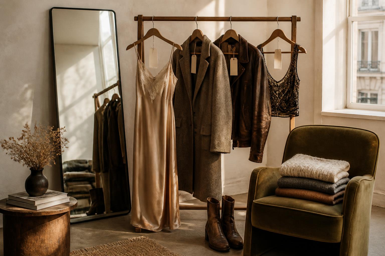 Editorial apartment closet sale with a tall mirror, wooden garment rack of vintage designer pieces with handwritten paper tags, a velvet armchair stacked with folded knits, and worn leather boots in warm afternoon light