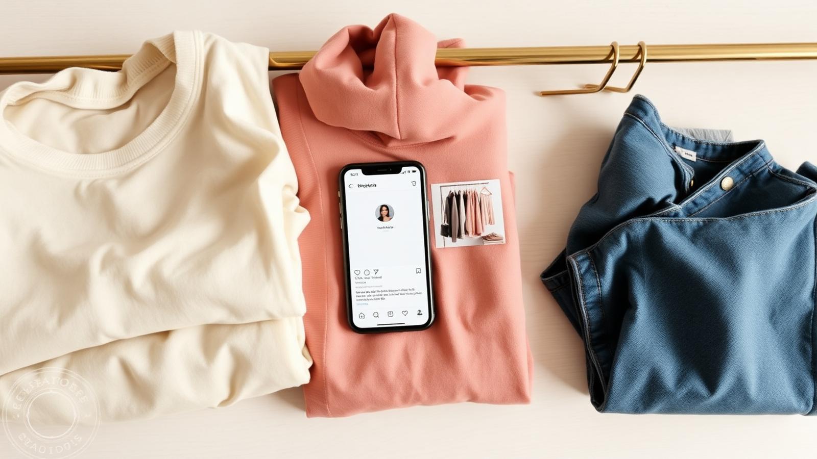 Flat-lay of folded preloved clothing with a phone showing an Instagram closet sale post